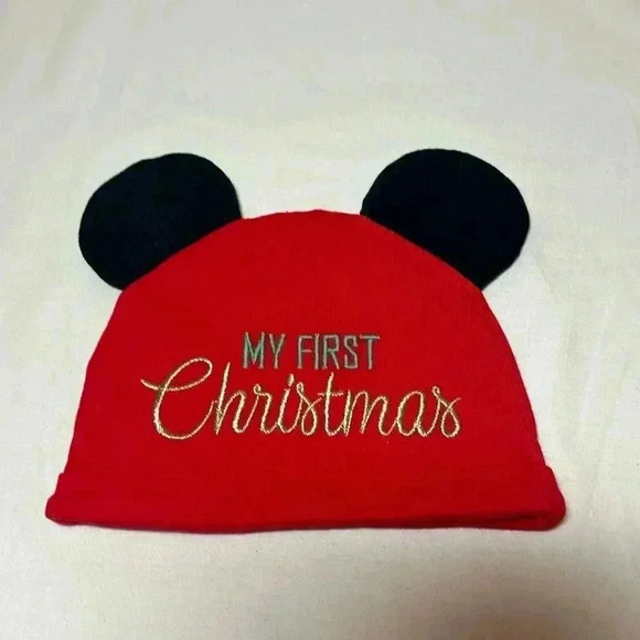 Disney  - NWOT Mickey Mouse - embroidered “My Fisrt Christmas” hat. 9-12 months - Picture 1 of 3